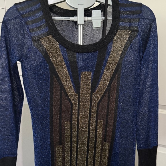 French Connection Long Sleeve Dress in Blue and Gold - Picture 4 of 6